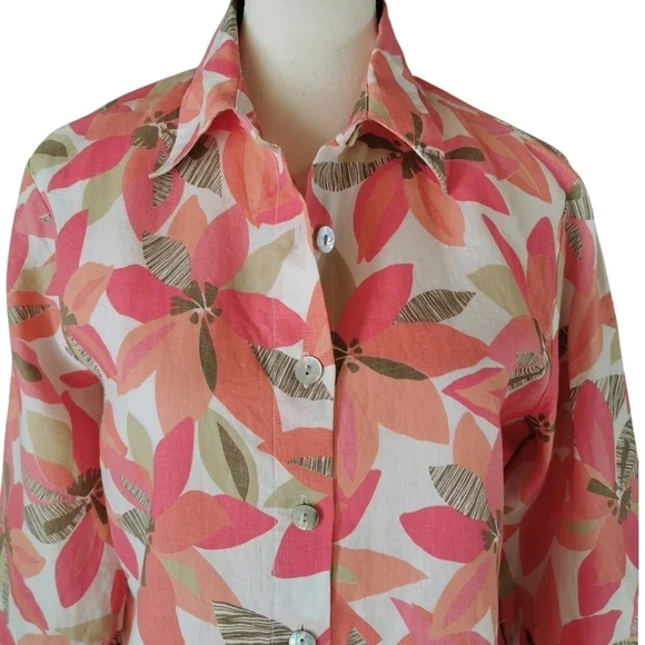 Robert Kitchen 100% Linen Tropical Print 3/4 Sleeve Button Front Blouse - Sz M - Picture 2 of 8